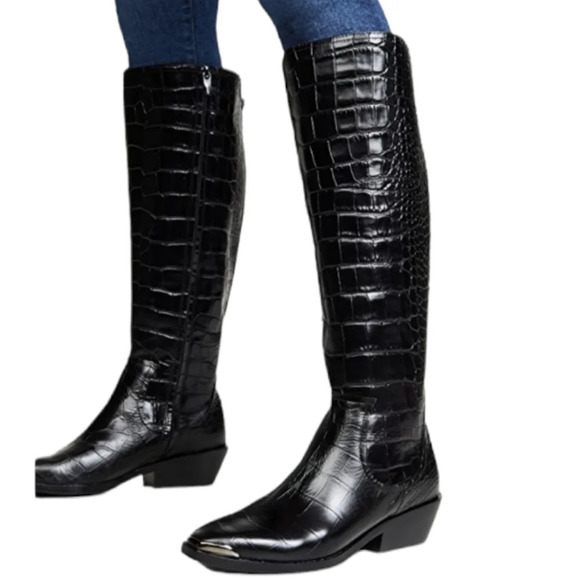 Sigerson Morrison Jaden Black Croc Leather Tall Boots Size 37.5 New - Picture 1 of 16